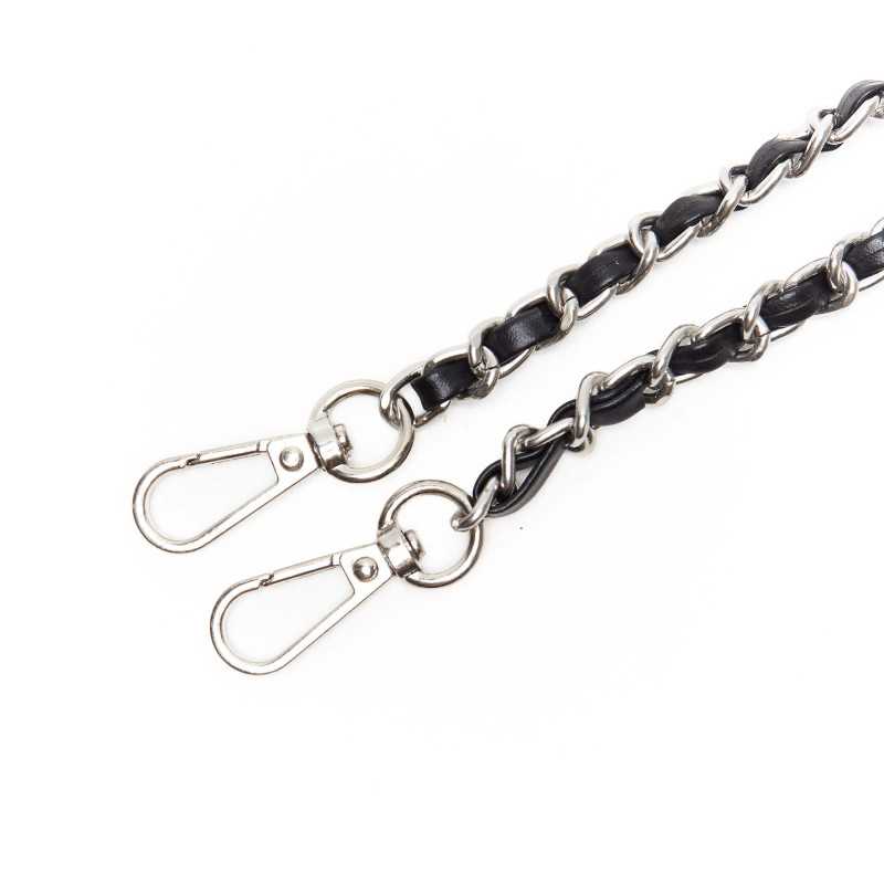 Faux leather bag handle strap with metal chain and snap hooks - Size 123x0.8 cm - Silver - Black - Detail