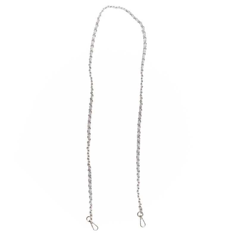 Faux leather bag handle strap with metal chain and snap hooks - Size 123x0.8 cm - Silver - White - Detail