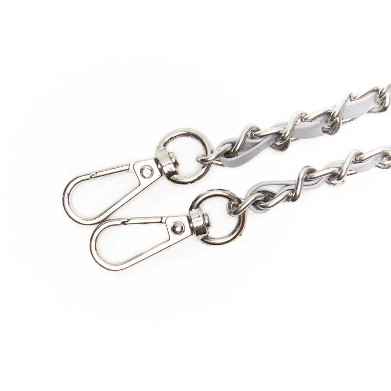 Faux leather bag handle strap with metal chain and snap hooks - Size 123x0.8 cm - Silver - White - Detail