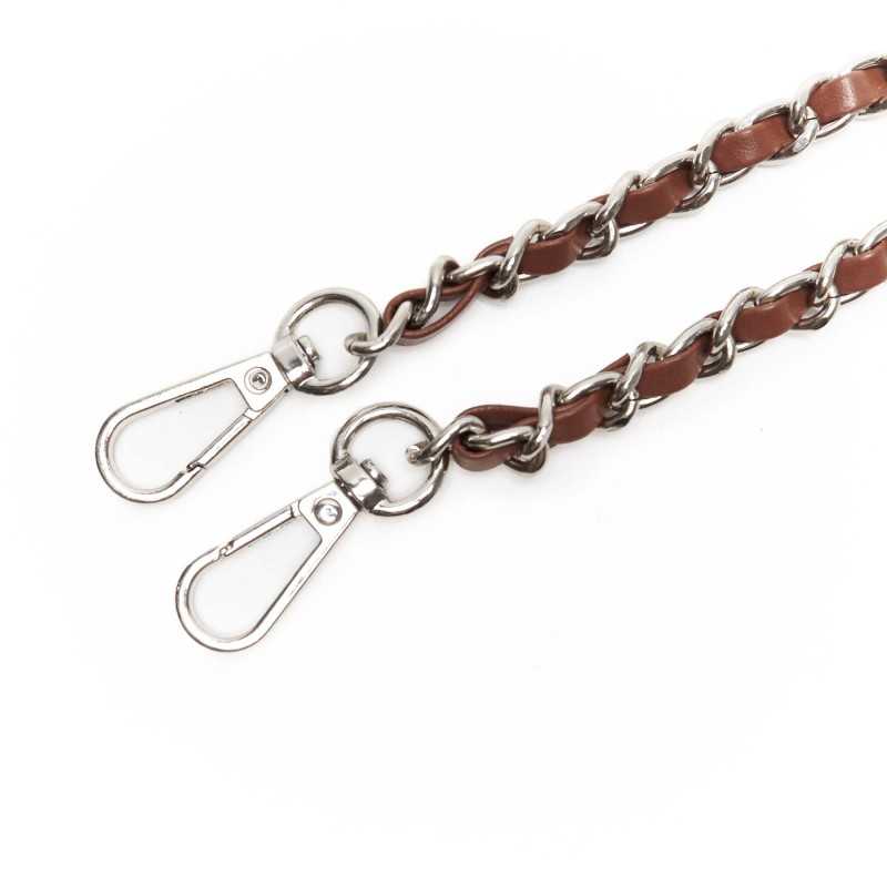 Faux leather bag handle strap with metal chain and snap hooks - Size 123x0.8 cm - Silver - Brown - Detail