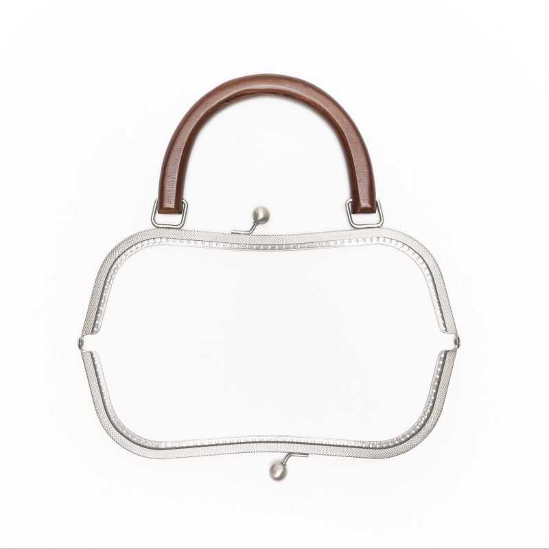 Chiusura borsa clic clac con manico in legno - Misura 26x19 cm - Argento - Aperta